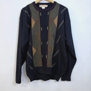Norm Thompson‎ Wool Blend Textured Knit Sweater Mens XL Black Brown Geometric